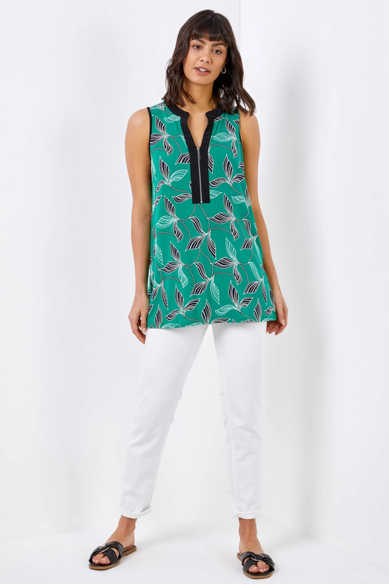 Roman Green Leaf Puff Print Zip Detail Top 5 Roman Green Leaf Puff Print Zip Detail Top - Image 3