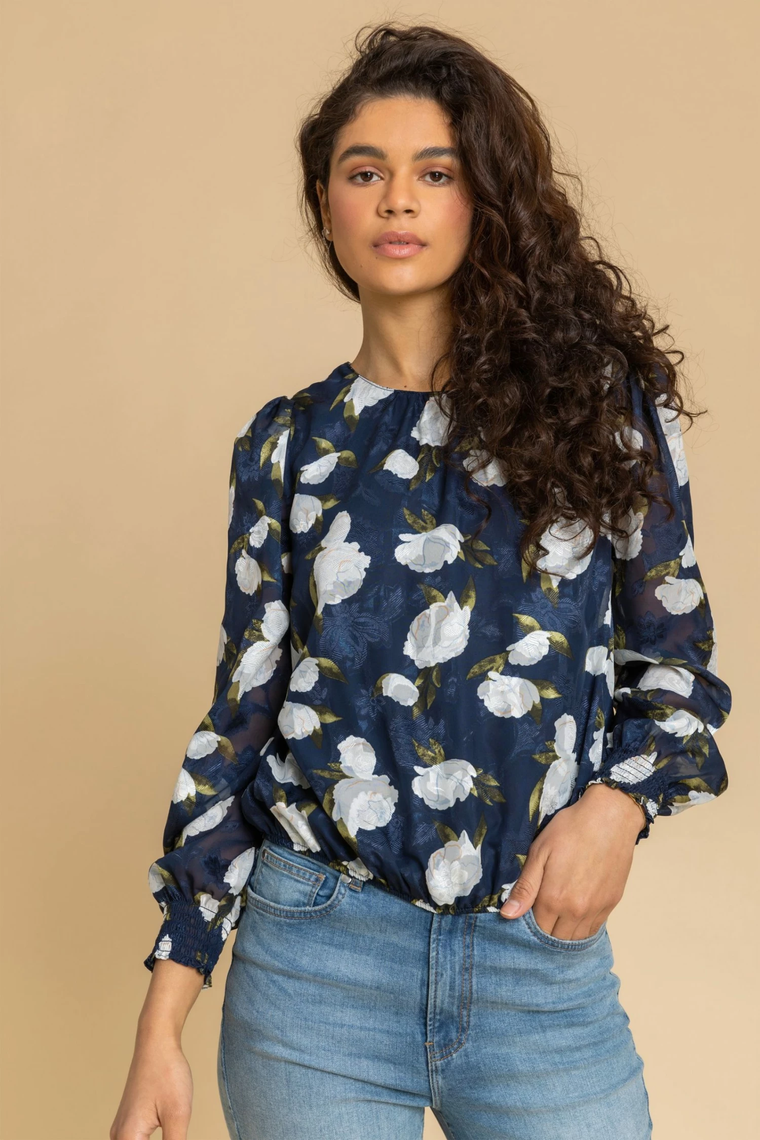 Roman Blue Floral Shirred Cuff Blouson Top 3 Roman Blue Floral Shirred Cuff Blouson Top