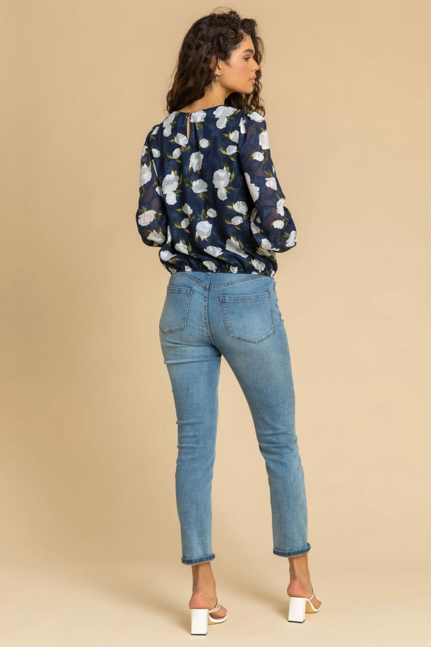 Roman Blue Floral Shirred Cuff Blouson Top 4 Roman Blue Floral Shirred Cuff Blouson Top - Image 2