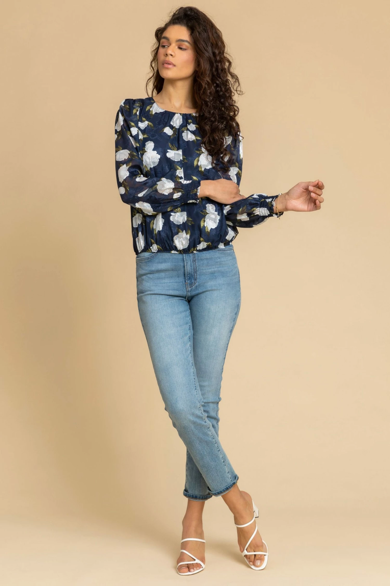 Roman Blue Floral Shirred Cuff Blouson Top 5 Roman Blue Floral Shirred Cuff Blouson Top - Image 3