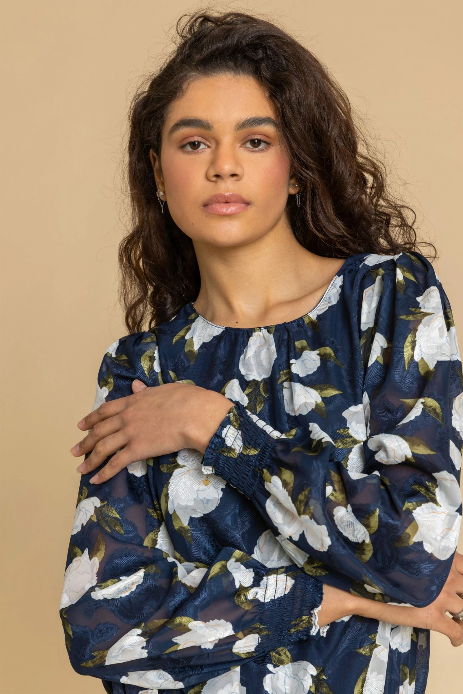 Roman Blue Floral Shirred Cuff Blouson Top 6 Roman Blue Floral Shirred Cuff Blouson Top - Image 4