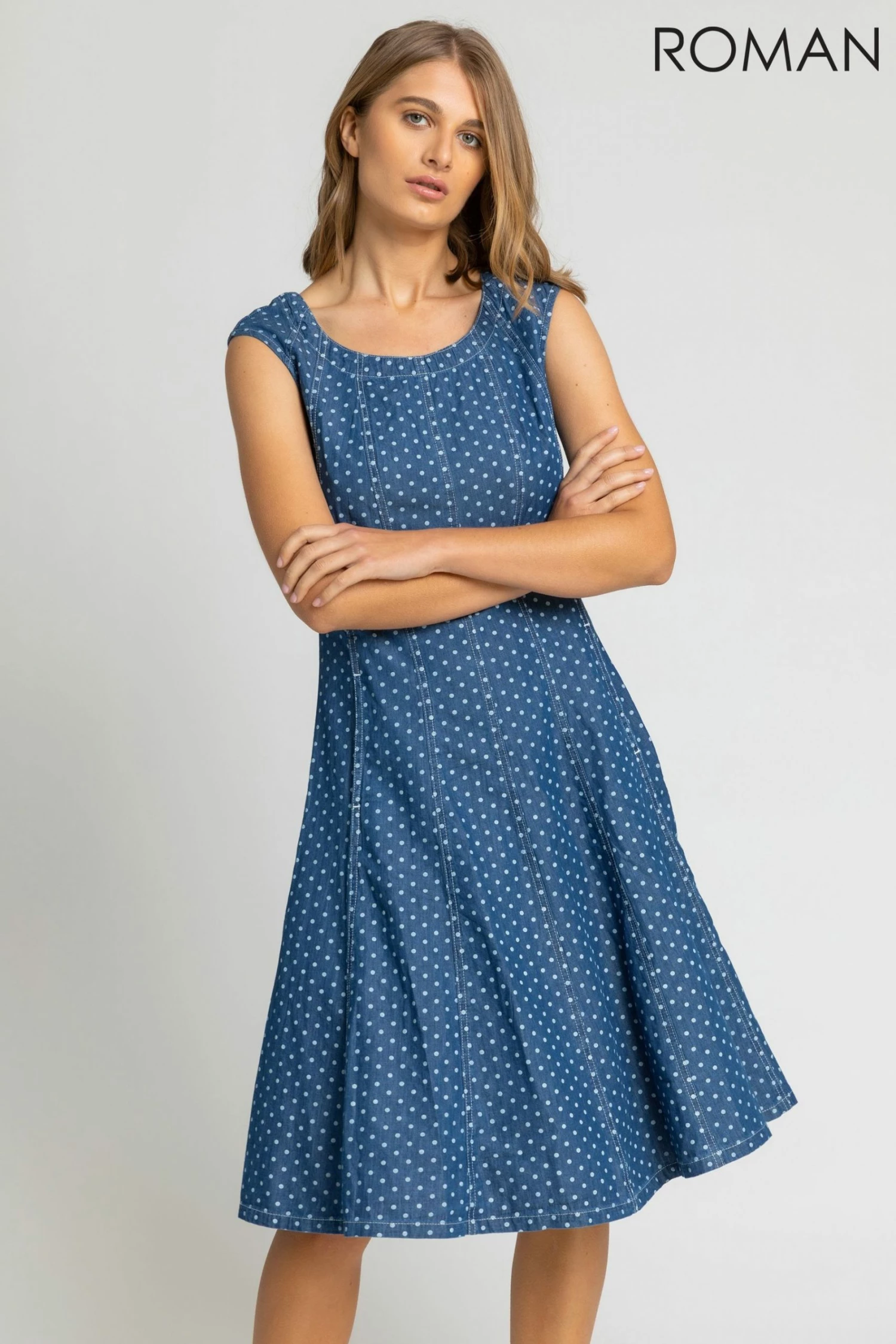 Roman Blue Spot Print Top Stitch Skater Dress 3 Roman Blue Spot Print Top Stitch Skater Dress