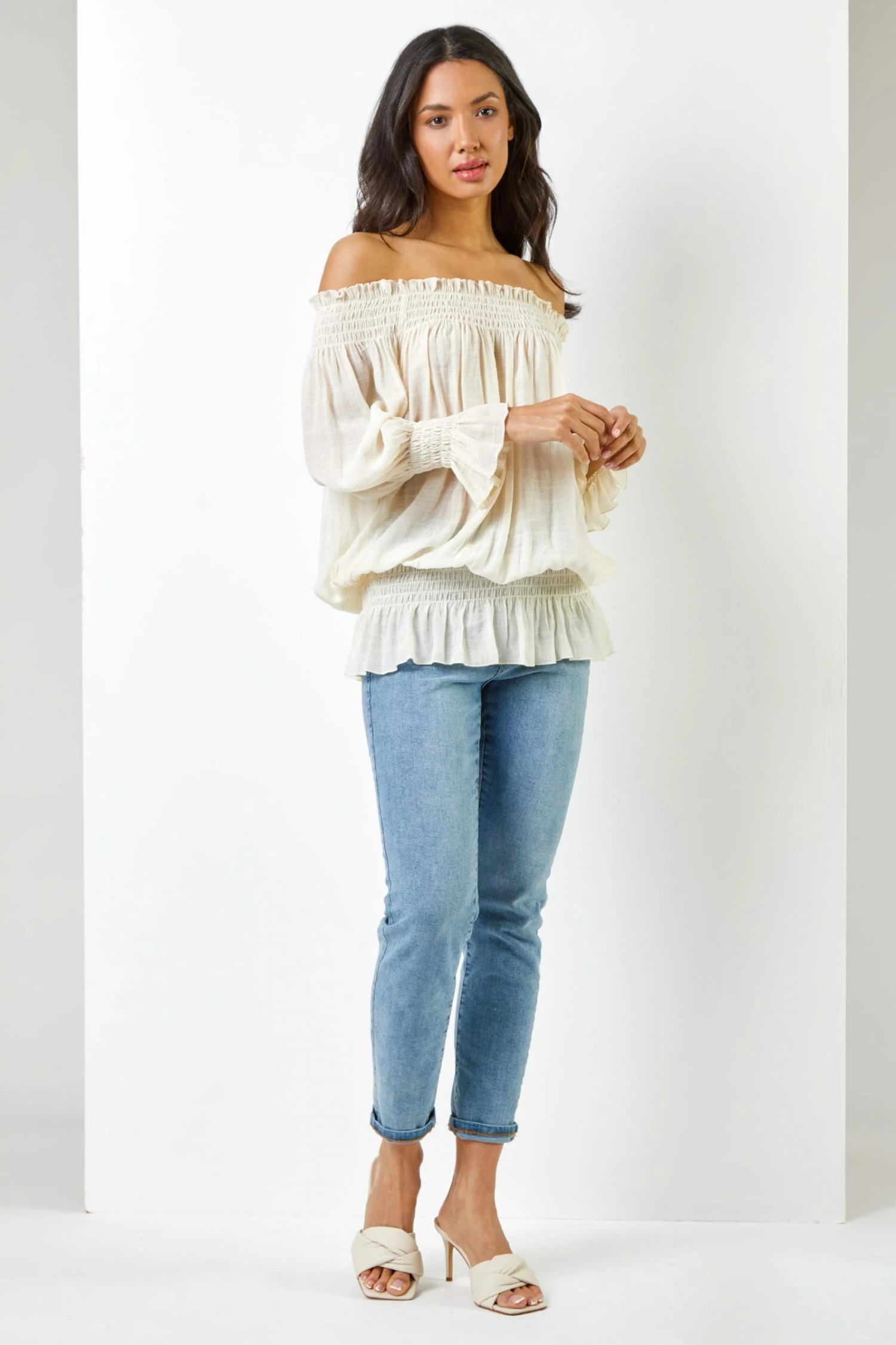 Roman White Shirred Bardot Frill Detail Top 4 Roman White Shirred Bardot Frill Detail Top - Image 2