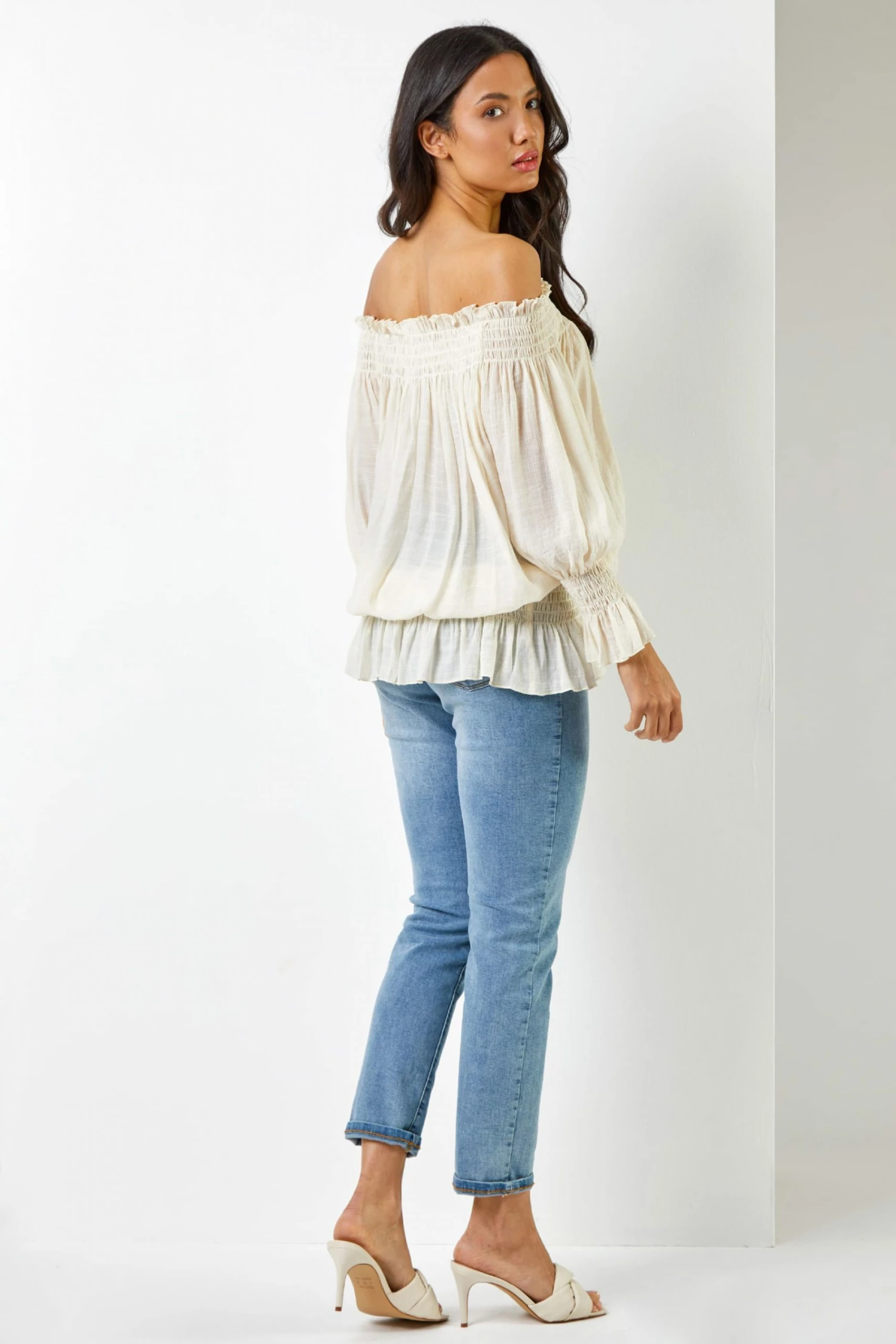 Roman White Shirred Bardot Frill Detail Top 5 Roman White Shirred Bardot Frill Detail Top - Image 3