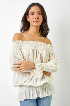Roman White Shirred Bardot Frill Detail Top 13 Roman White Shirred Bardot Frill Detail Top -Roman Sales Shop unnamed file 6004