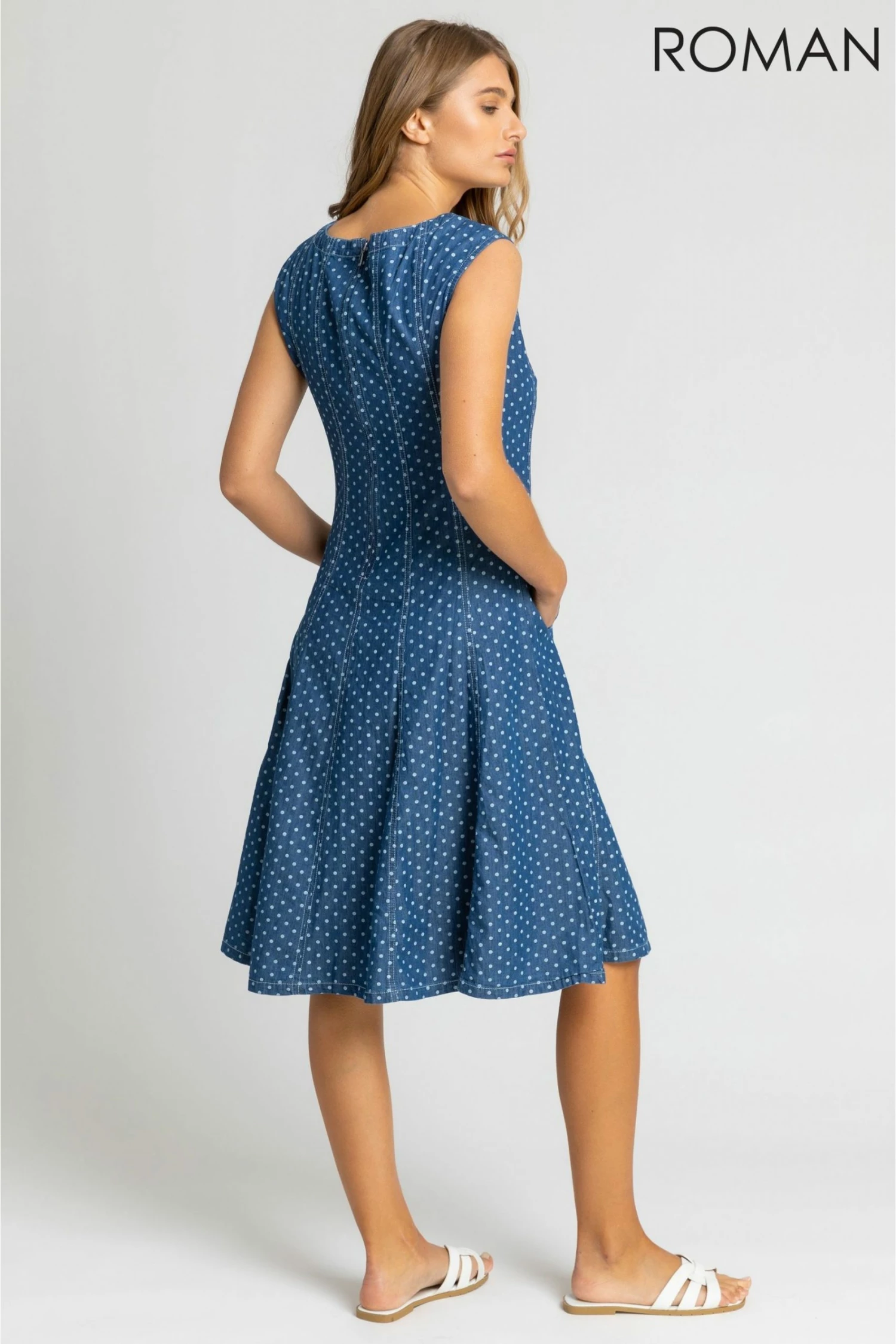 Roman Blue Spot Print Top Stitch Skater Dress 4 Roman Blue Spot Print Top Stitch Skater Dress - Image 2