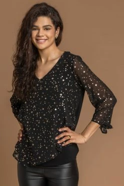 Roman Black Foil Star Print Chiffon Top