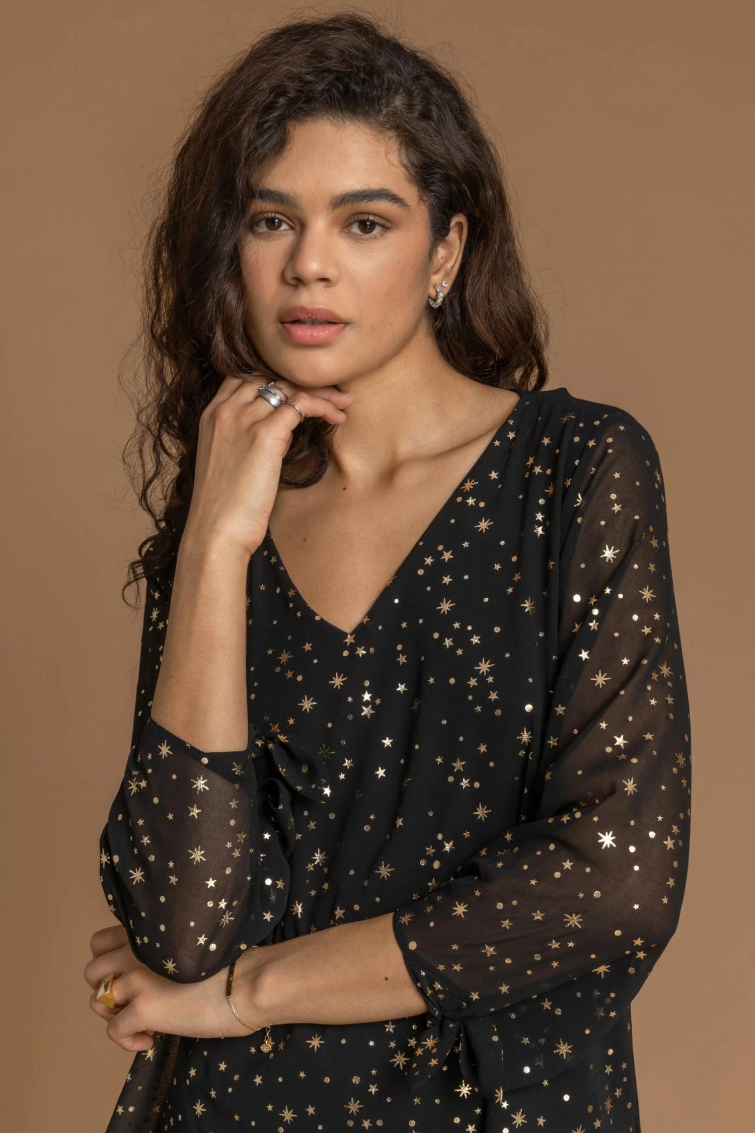 Roman Black Foil Star Print Chiffon Top 6 Roman Black Foil Star Print Chiffon Top - Image 4