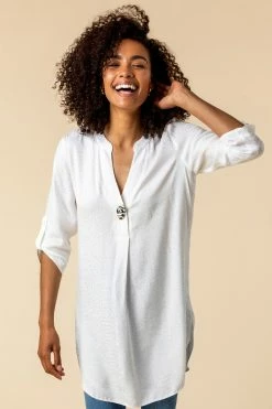 Roman White Animal Jacquard Print Button Blouse