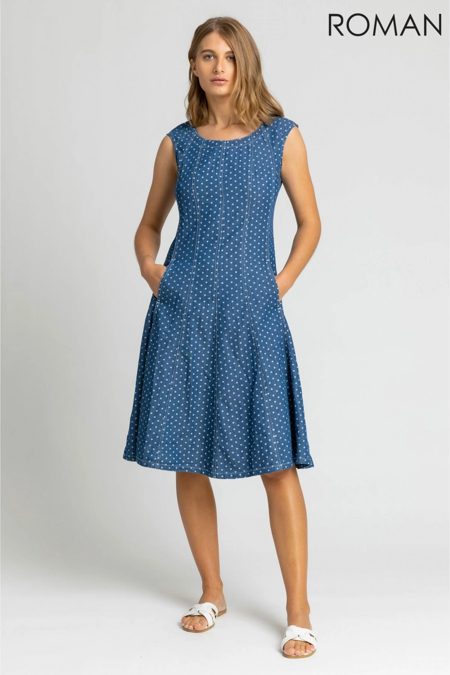 Roman Blue Spot Print Top Stitch Skater Dress 5 Roman Blue Spot Print Top Stitch Skater Dress - Image 3