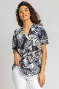 Roman Blue Tropical Palm Print V-Neck Top