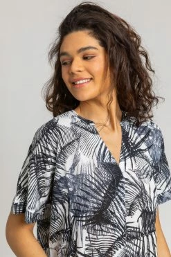Roman Blue Tropical Palm Print V-Neck Top -Roman Sales Shop unnamed file 6023