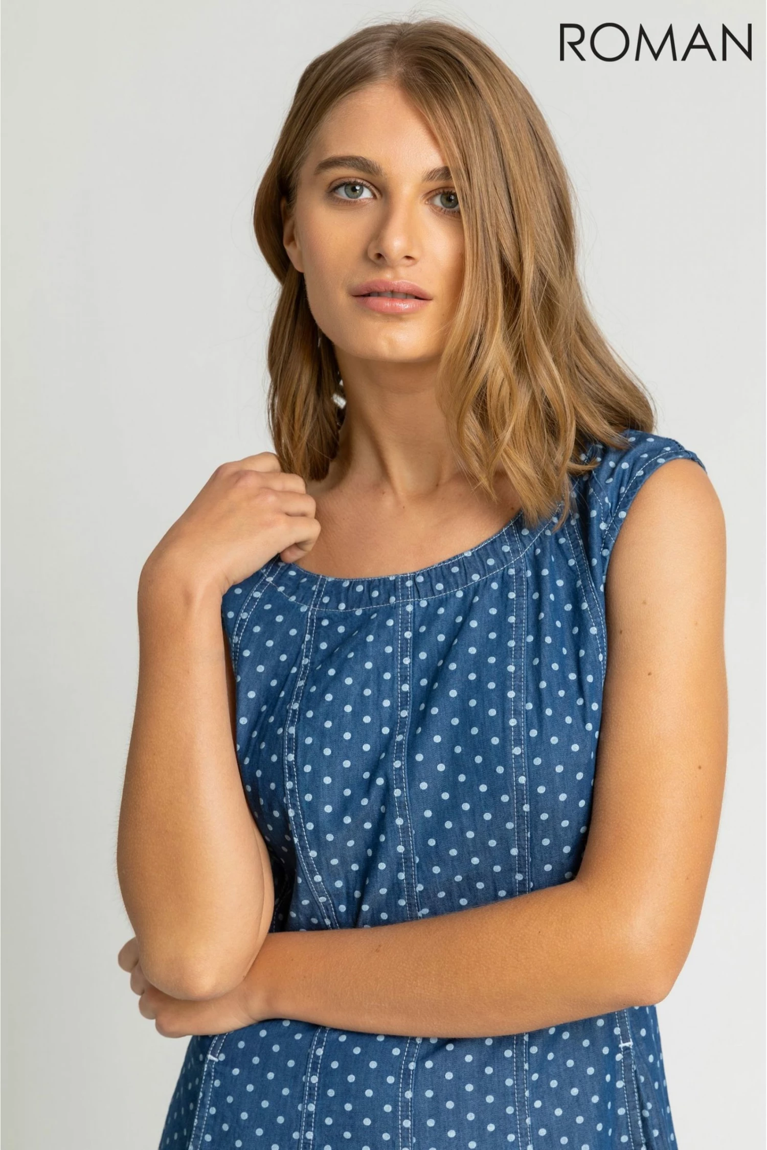 Roman Blue Spot Print Top Stitch Skater Dress 6 Roman Blue Spot Print Top Stitch Skater Dress - Image 4