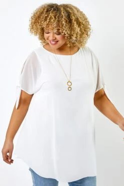 Roman Ivory Curve Chiffon Overlay Top With Necklace