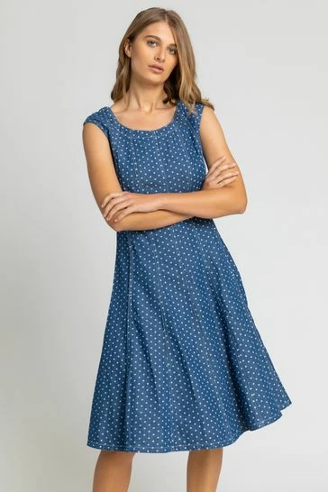 Roman Blue Spot Print Top Stitch Skater Dress 7 Roman Blue Spot Print Top Stitch Skater Dress - Image 5