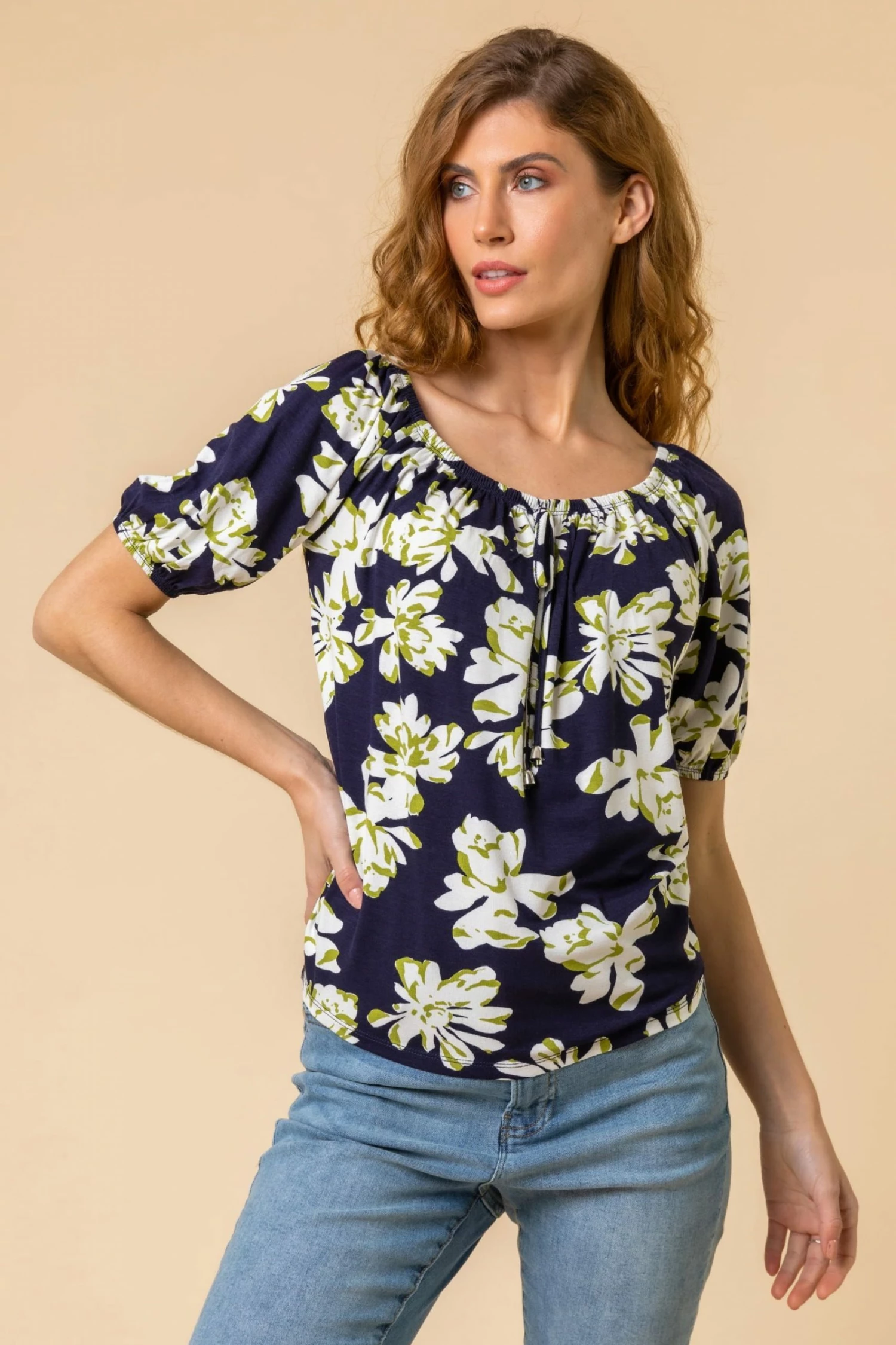 Roman Blue Bold Floral Print Bardot Top 3 Roman Blue Bold Floral Print Bardot Top
