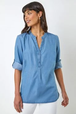 Roman Blue Relaxed Notch Neck Top