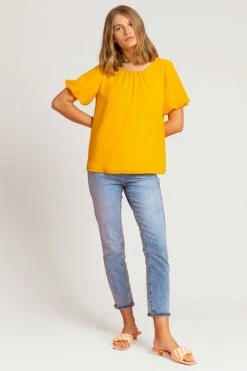 Roman Yellow Plain Chiffon Puff Sleeve Top -Roman Sales Shop unnamed file 6066