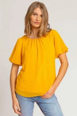 Roman Yellow Plain Chiffon Puff Sleeve Top -Roman Sales Shop unnamed file 6068