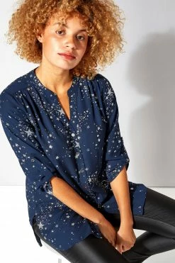 Roman Blue Glitter Star Print Button Through Blouse