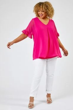Roman Pink Curve Frill Sleeve Pleat Detail Top -Roman Sales Shop unnamed file 6081