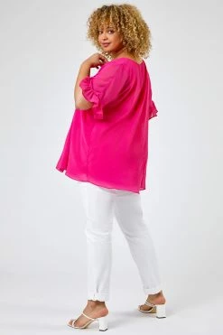 Roman Pink Curve Frill Sleeve Pleat Detail Top -Roman Sales Shop unnamed file 6082