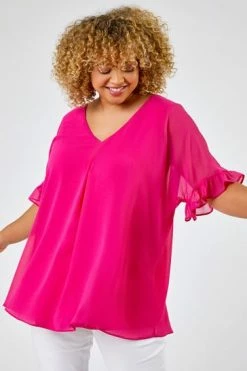 Roman Pink Curve Frill Sleeve Pleat Detail Top -Roman Sales Shop unnamed file 6084
