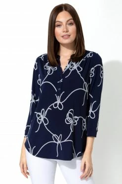 Roman Blue Rope Print Button Detail Top