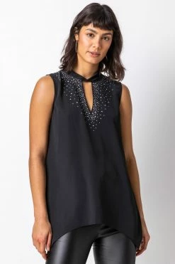 Roman Black Sparkle High Neck Keyhole Top