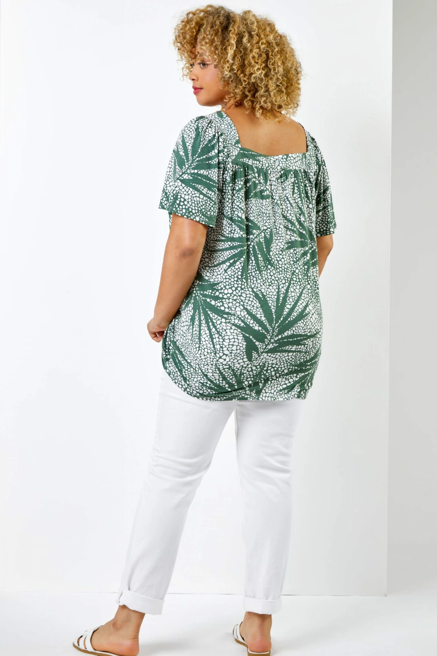 Roman Khaki Green Curve Spot Leaf Print Square Neck Top 4 Roman Khaki Green Curve Spot Leaf Print Square Neck Top - Image 2