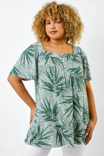 Roman Khaki Green Curve Spot Leaf Print Square Neck Top 7 Roman Khaki Green Curve Spot Leaf Print Square Neck Top - Image 5