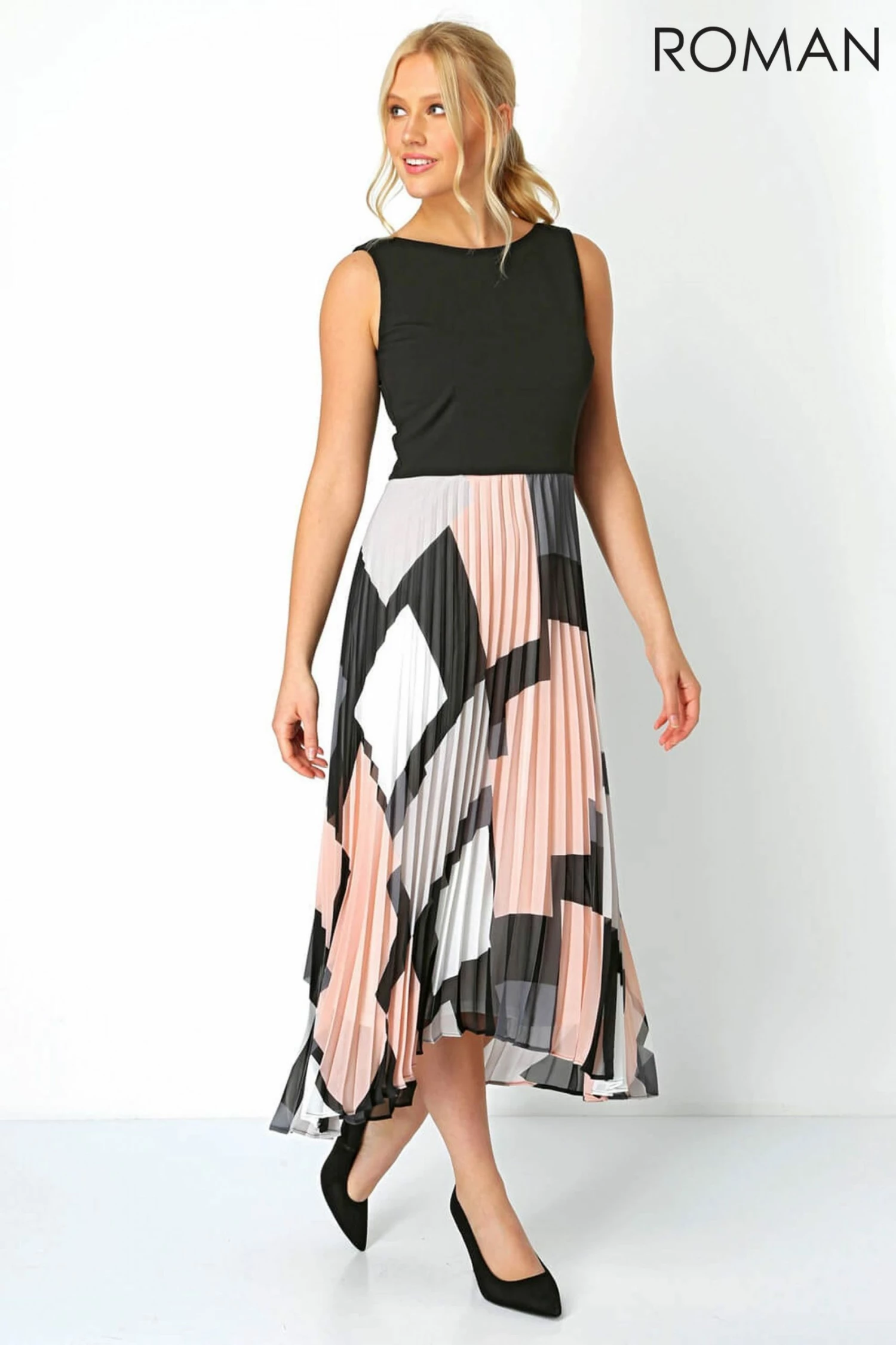 Roman Black/White Fit And Flare Pleated Midi Dress 4 Roman Black/White Fit And Flare Pleated Midi Dress - Image 2