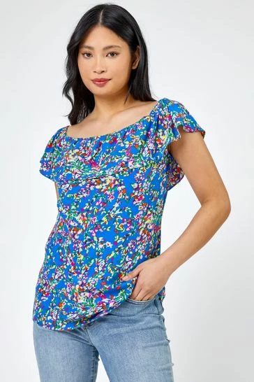 Roman Blue Petite Ditsy Floral Bardot Top 7 Roman Blue Petite Ditsy Floral Bardot Top - Image 5