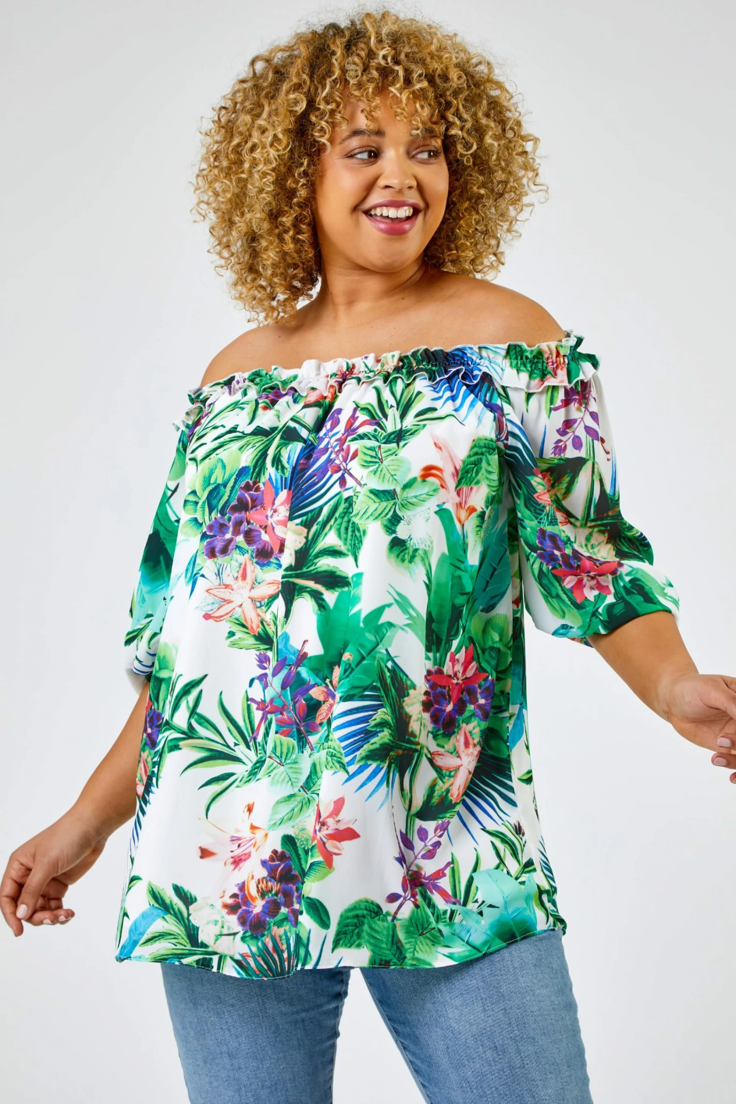 Roman Ivory Curve Tropical Print Bardot Top 3 Roman Ivory Curve Tropical Print Bardot Top