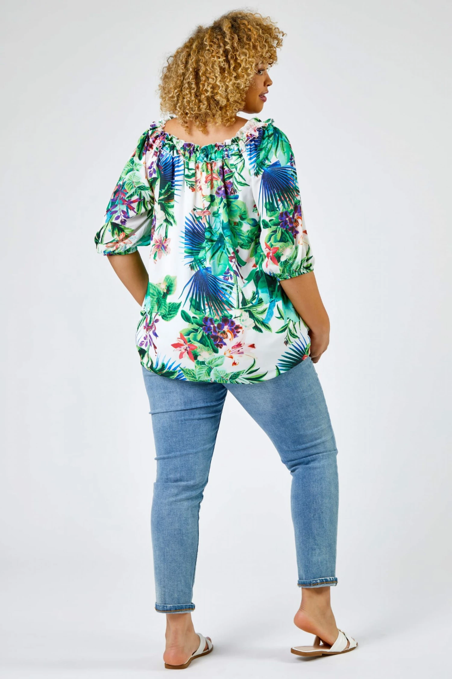 Roman Ivory Curve Tropical Print Bardot Top 4 Roman Ivory Curve Tropical Print Bardot Top - Image 2