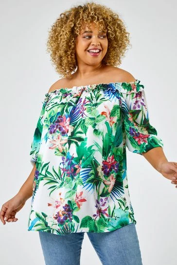 Roman Ivory Curve Tropical Print Bardot Top 7 Roman Ivory Curve Tropical Print Bardot Top - Image 5
