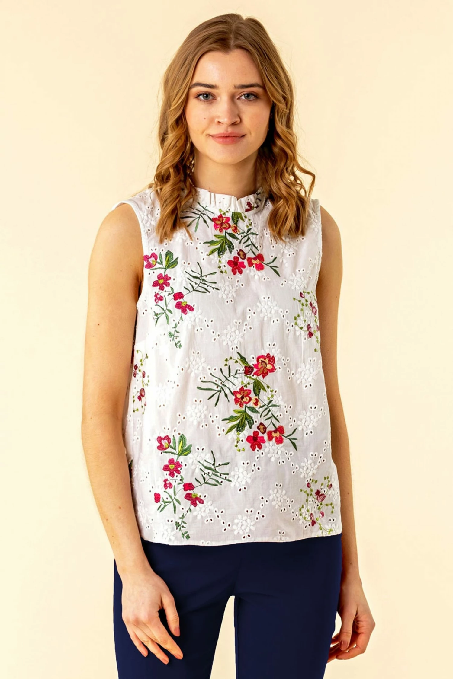 Roman Cream Floral Embroidered Frill Neck Top 3 Roman Cream Floral Embroidered Frill Neck Top