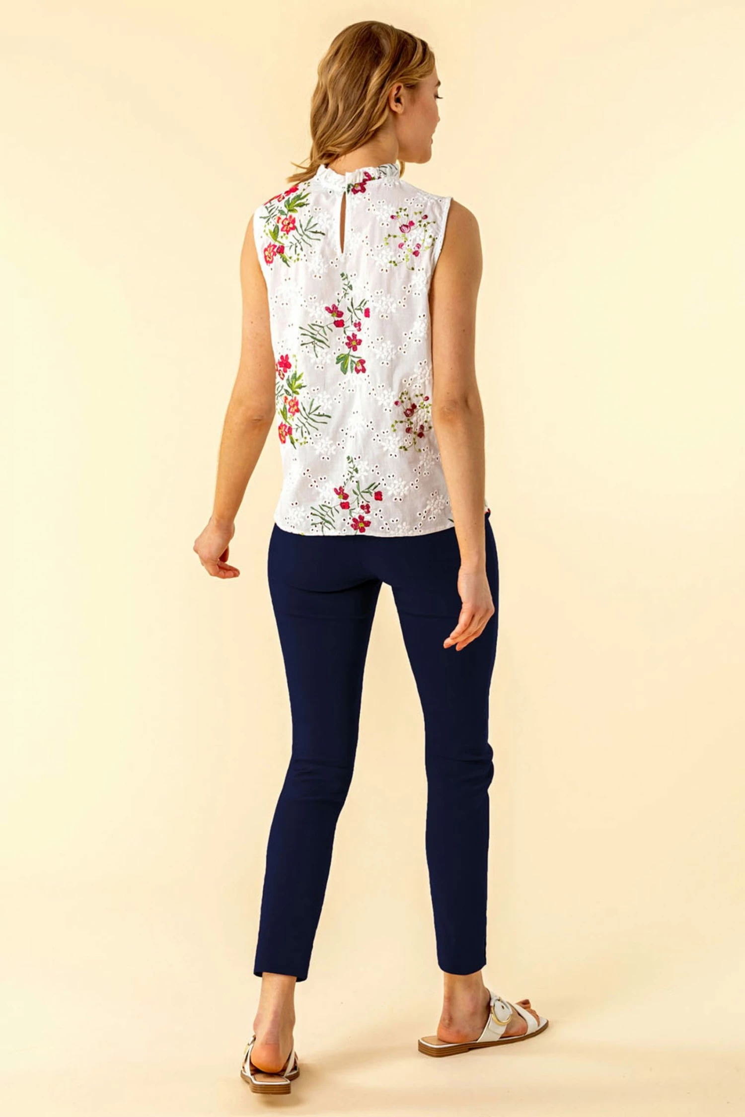 Roman Cream Floral Embroidered Frill Neck Top 4 Roman Cream Floral Embroidered Frill Neck Top - Image 2