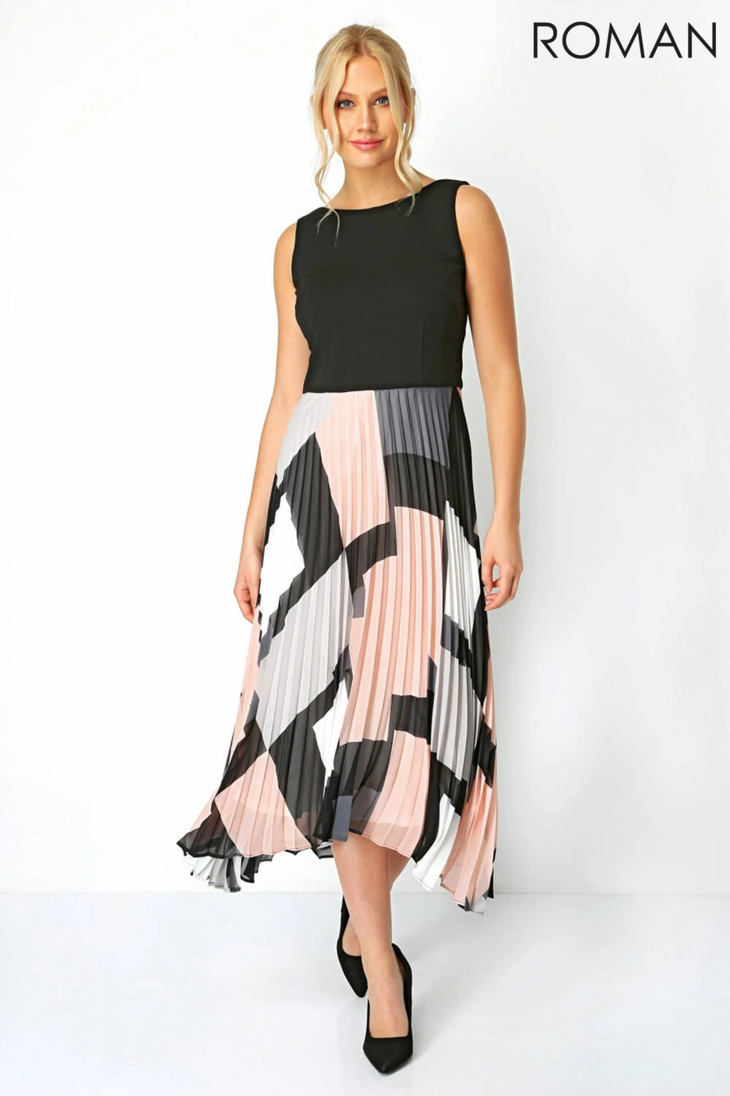 Roman Black/White Fit And Flare Pleated Midi Dress 5 Roman Black/White Fit And Flare Pleated Midi Dress - Image 3