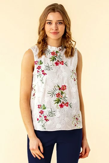 Roman Cream Floral Embroidered Frill Neck Top 7 Roman Cream Floral Embroidered Frill Neck Top - Image 5
