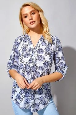 Roman Blue Floral Burnout Print Button Down Top