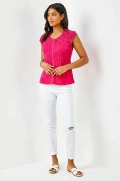 Roman Pink Lace Yoke And Sleeve Crinkle Blouse -Roman Sales Shop unnamed file 6128
