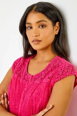 Roman Pink Lace Yoke And Sleeve Crinkle Blouse -Roman Sales Shop unnamed file 6129