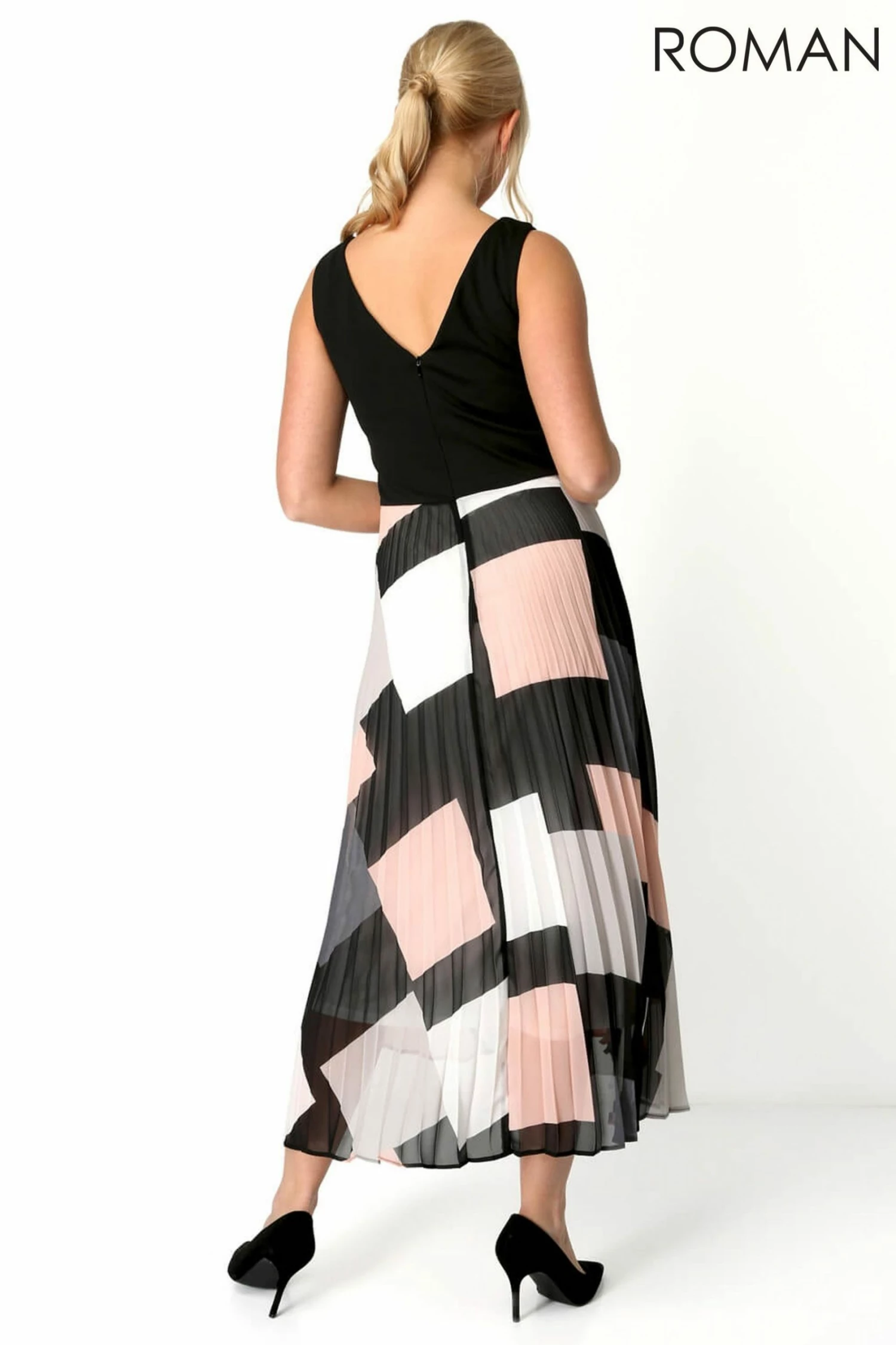 Roman Black/White Fit And Flare Pleated Midi Dress 6 Roman Black/White Fit And Flare Pleated Midi Dress - Image 4
