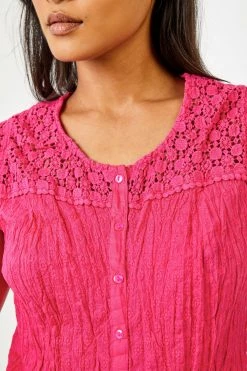 Roman Pink Lace Yoke And Sleeve Crinkle Blouse -Roman Sales Shop unnamed file 6130
