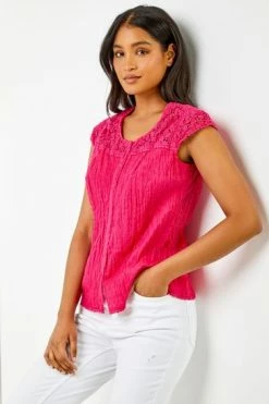 Roman Pink Lace Yoke And Sleeve Crinkle Blouse -Roman Sales Shop unnamed file 6131