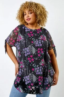 Roman Black Curve Floral Print Chiffon Overlay Top