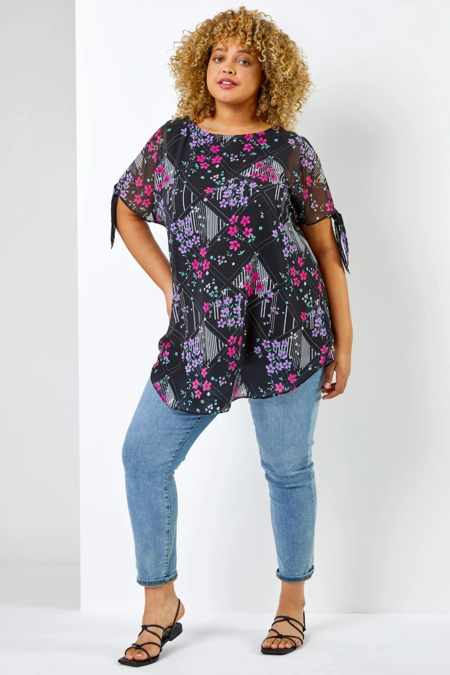 Roman Black Curve Floral Print Chiffon Overlay Top 4 Roman Black Curve Floral Print Chiffon Overlay Top - Image 2