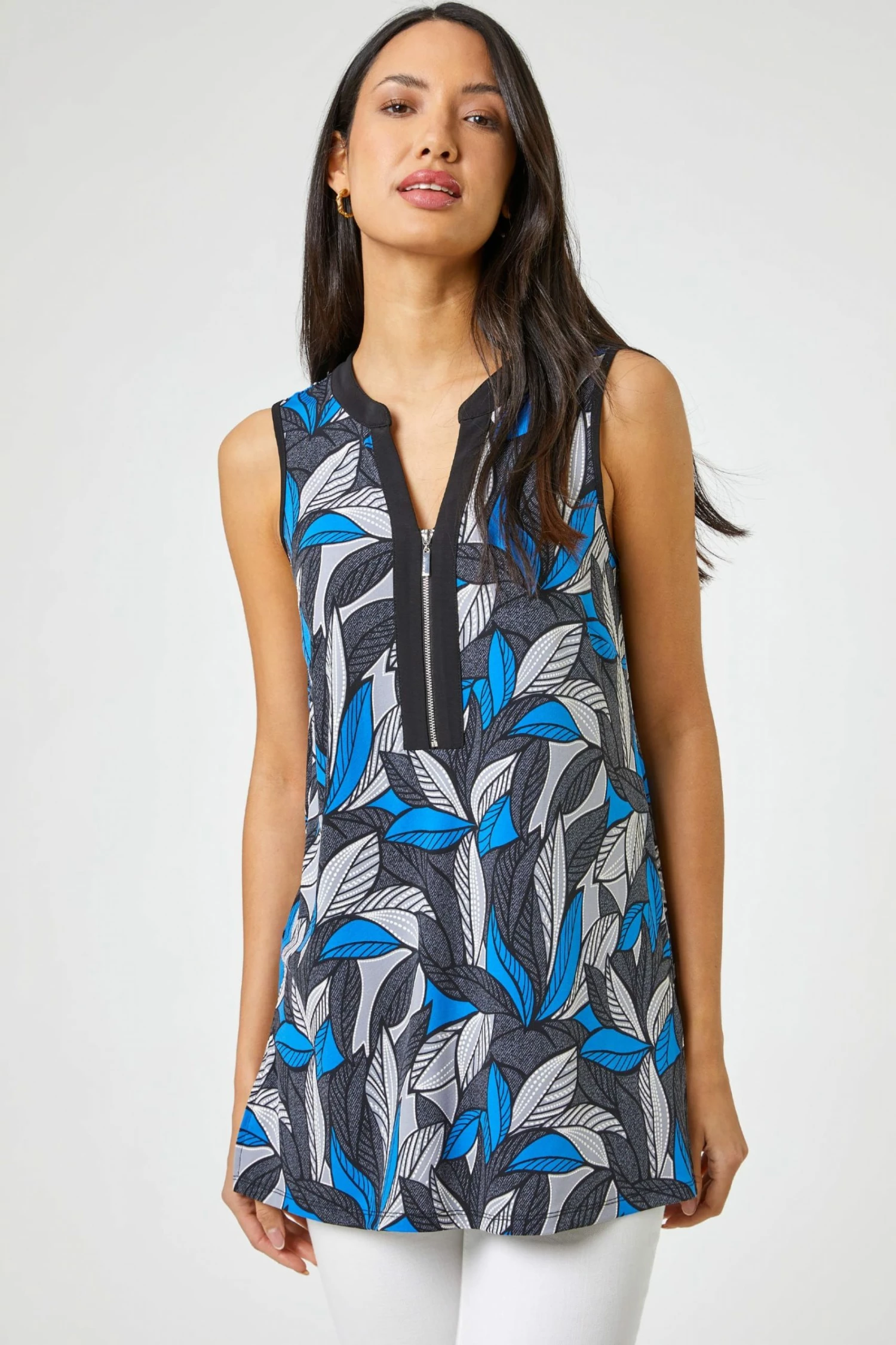 Roman Grey Tropical Textured Print Zip Detail Top 3 Roman Grey Tropical Textured Print Zip Detail Top