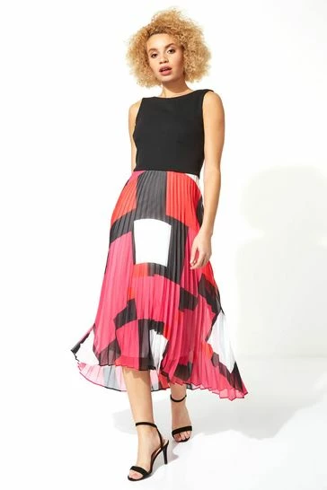 Roman Black/White Fit And Flare Pleated Midi Dress 8 Roman Black/White Fit And Flare Pleated Midi Dress - Image 6